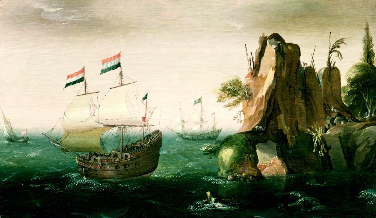 Et nederlandsk handelsskip utenfor en steinete kyst av Pieter Cornelisz. Verbeeck