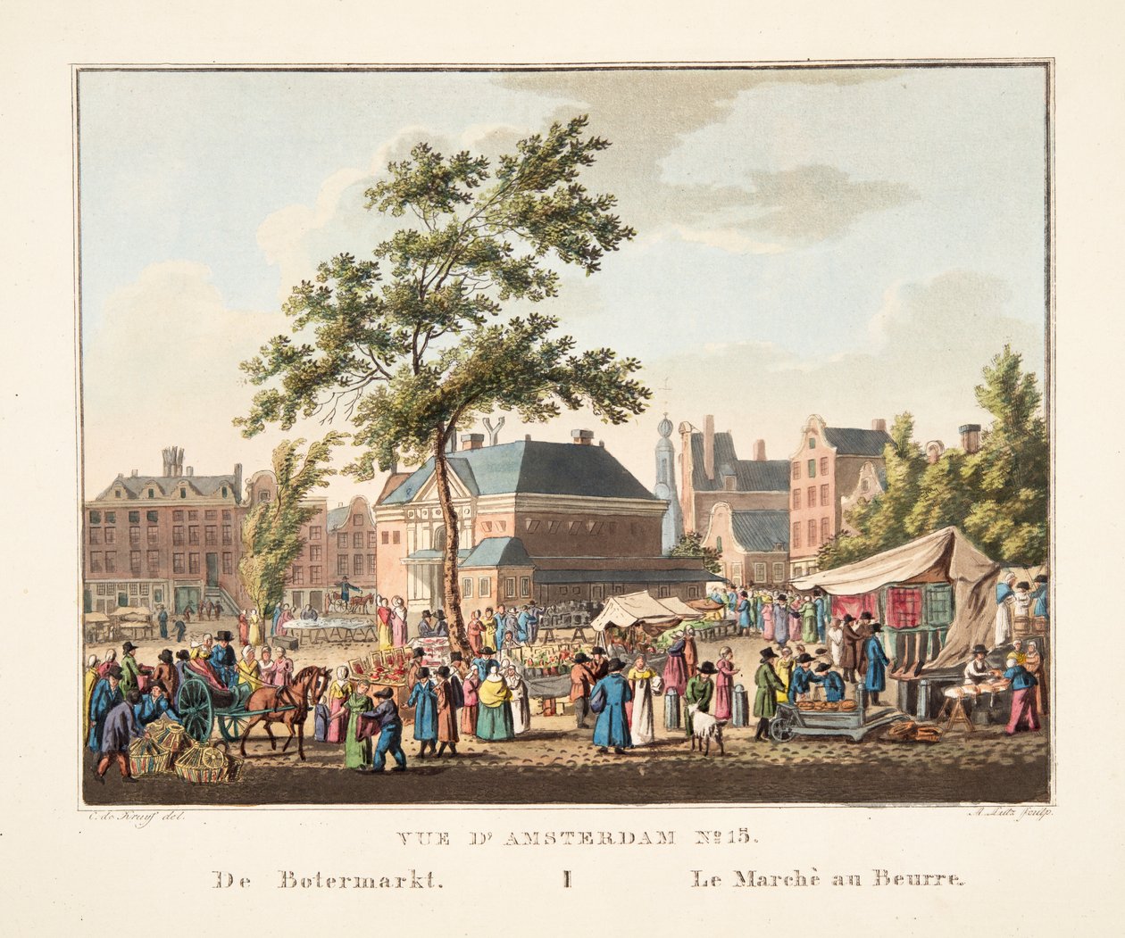 Utsikt over Amsterdam No.15. Fra Botermarkt. The Butter Market, 1825 (håndfarget gravering) av Cornelis de Kruyff