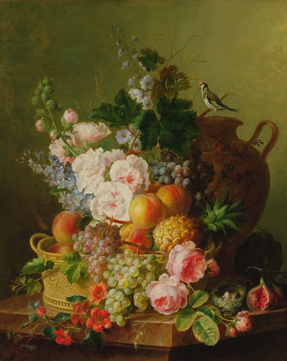 Stilleben av frukt og blomster i en flettet kurv på en avsats. av Cornelis van Spaendonck