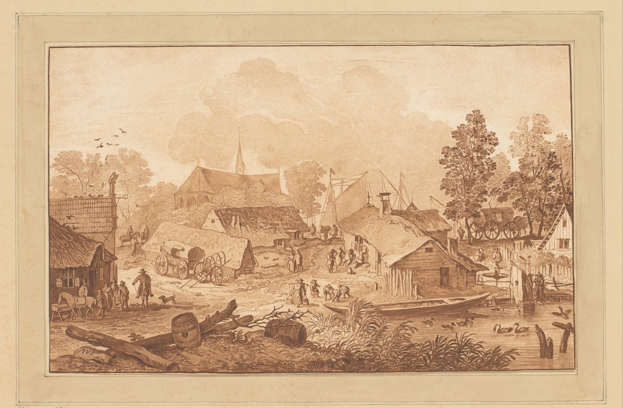 Landsbyutsikt med dam av Cornelis Brouwer