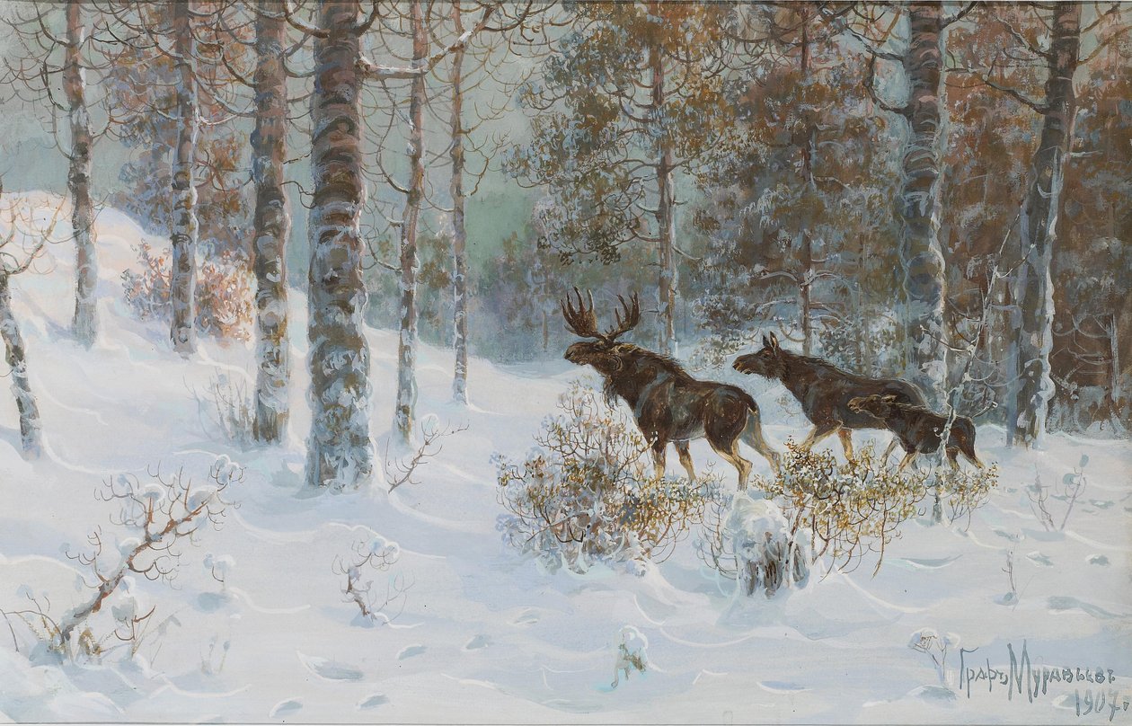 Vinterlandskap med elger, 1907 av Count Vladimir Leonidovich Muravyov