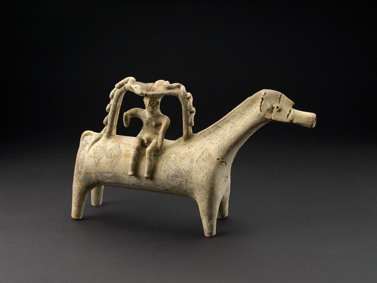 Terracotta-hesterhyton med rytter som en del av håndtaket på ryggen, senkypriotisk IIIB-periode, ca. 1125-1050 f.Kr. (keramikk) av Cypriot