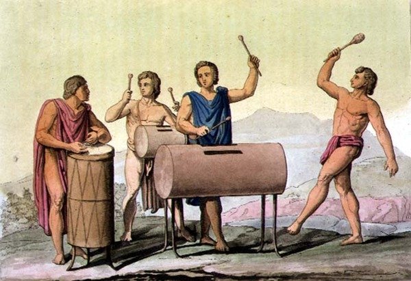 Musikkinstrumenter (fargegravering) av D.K. (after) Bonatti