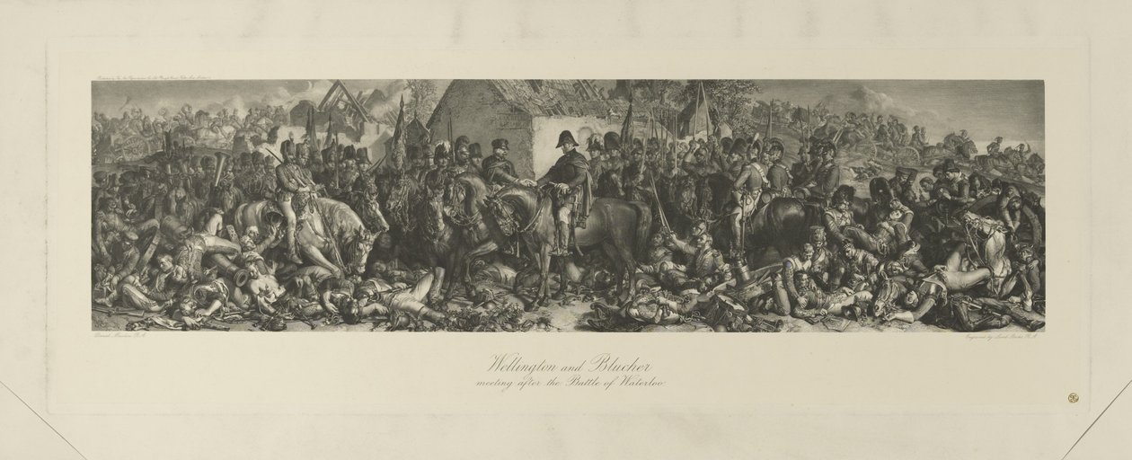 Wellington og Blücher møtes etter slaget ved Waterloo, 1815, gravering av Lumb Stocks (1812–92) av Daniel Maclise