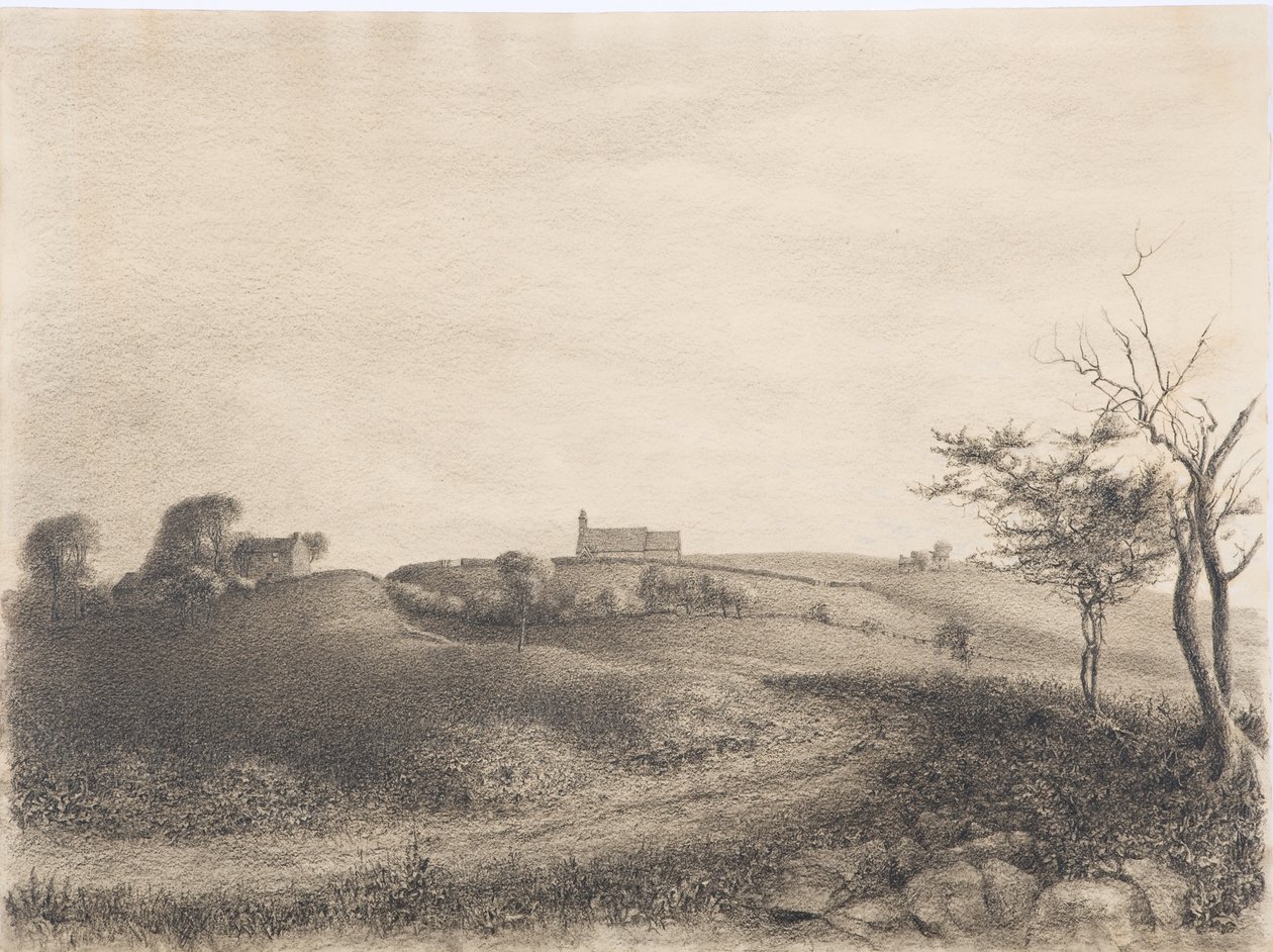 Sognekirke, ca. 1916 (kull på papir) av Daniel Oliver