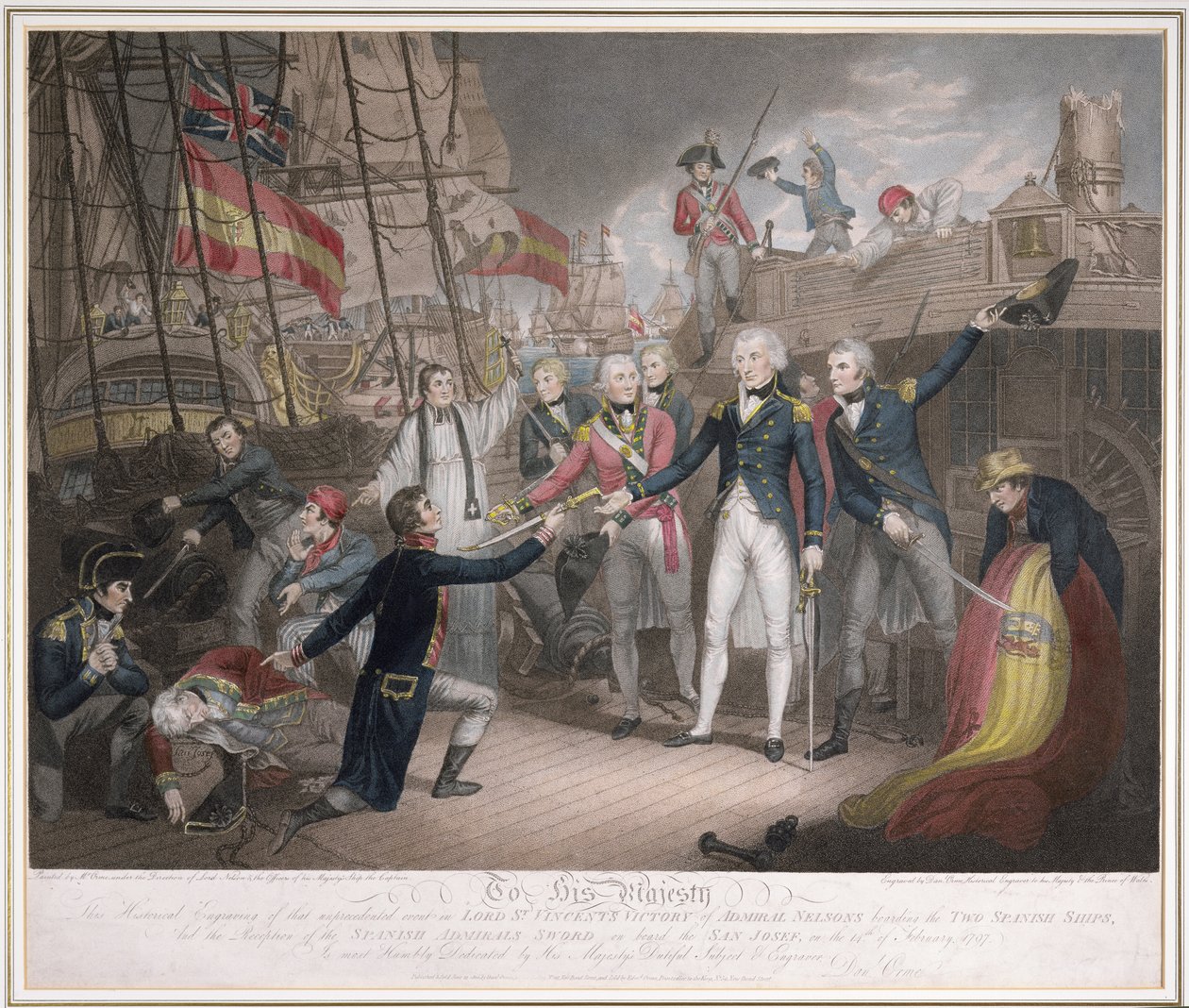 Admiral Nelson går om bord på de to spanske skipene, 14. februar 1797, publisert 21. juni 1800 (akvatint og gravering) av Daniel Orme