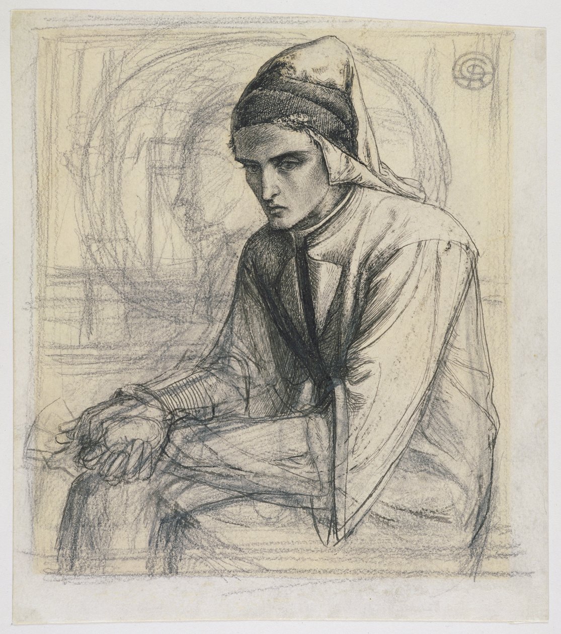 Dante in Meditation Holding a Pomegranate, ca. 1852 (penn og blekk og blyant på papir) av Dante Gabriel Charles Rossetti
