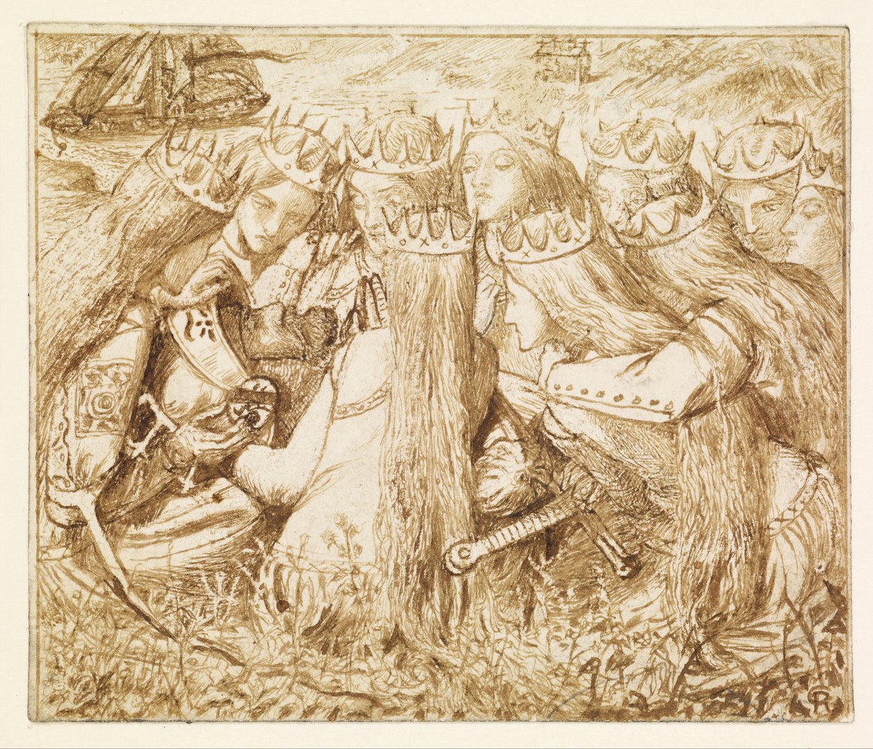 Design for Moxons Tennyson - King Arthur and the Weeping Queens av Dante Gabriel Charles Rossetti