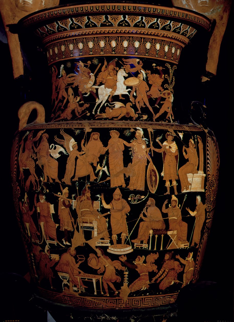 Apulisk voluttkrater med rød figur dekorert med scener av en persisk konge og hans rådgivere som lytter til en budbringer, en personifisering av Hellas og Asia før Zevs og keiserens undersåtter før en av Darius Painter