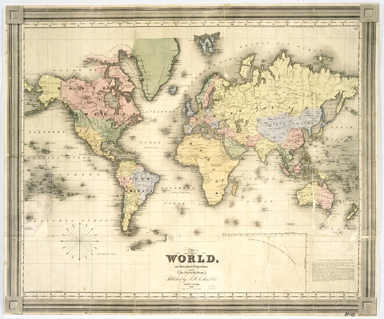 Verden på Mercators projeksjon, 1840 (håndfarget trykk) av David Burr