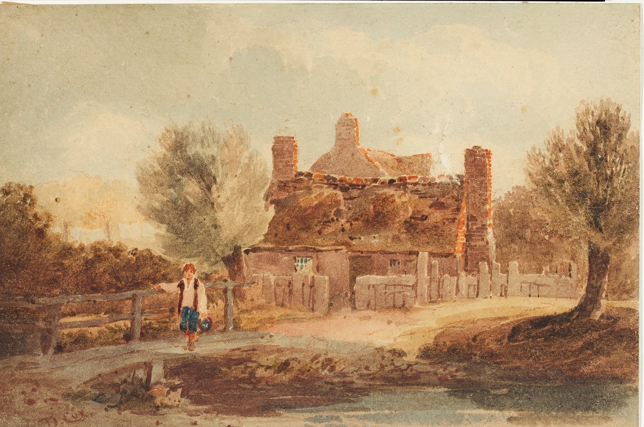Landlig scene - hus ved en dam av David Cox