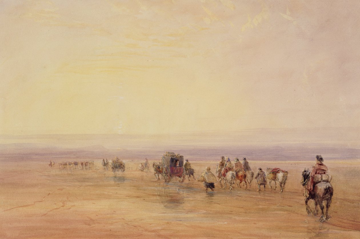 On Lancaster Sands, Sunset (Crossing Lancaster Sands) ca. 1835 (wc og kroppsfarge over grafitt på papir) av David Cox