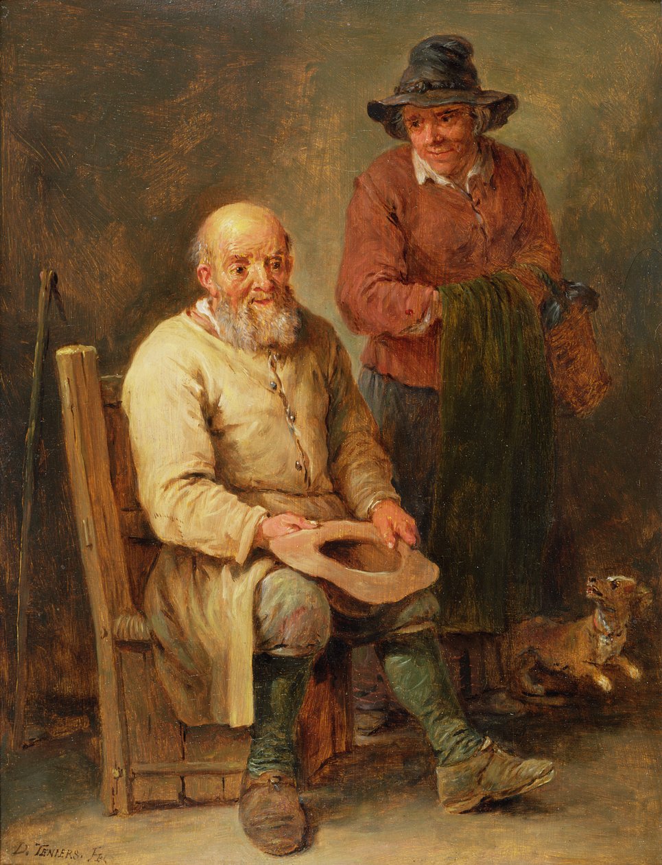En mann sittende med en kvinne ved sin side og en hund ved føttene deres, 1600-tallet av David Teniers the Younger