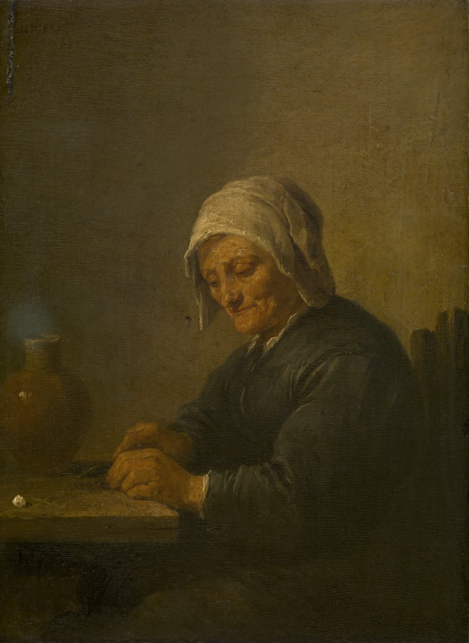 Gammel kvinne som skjærer tobakk av David Teniers the Younger
