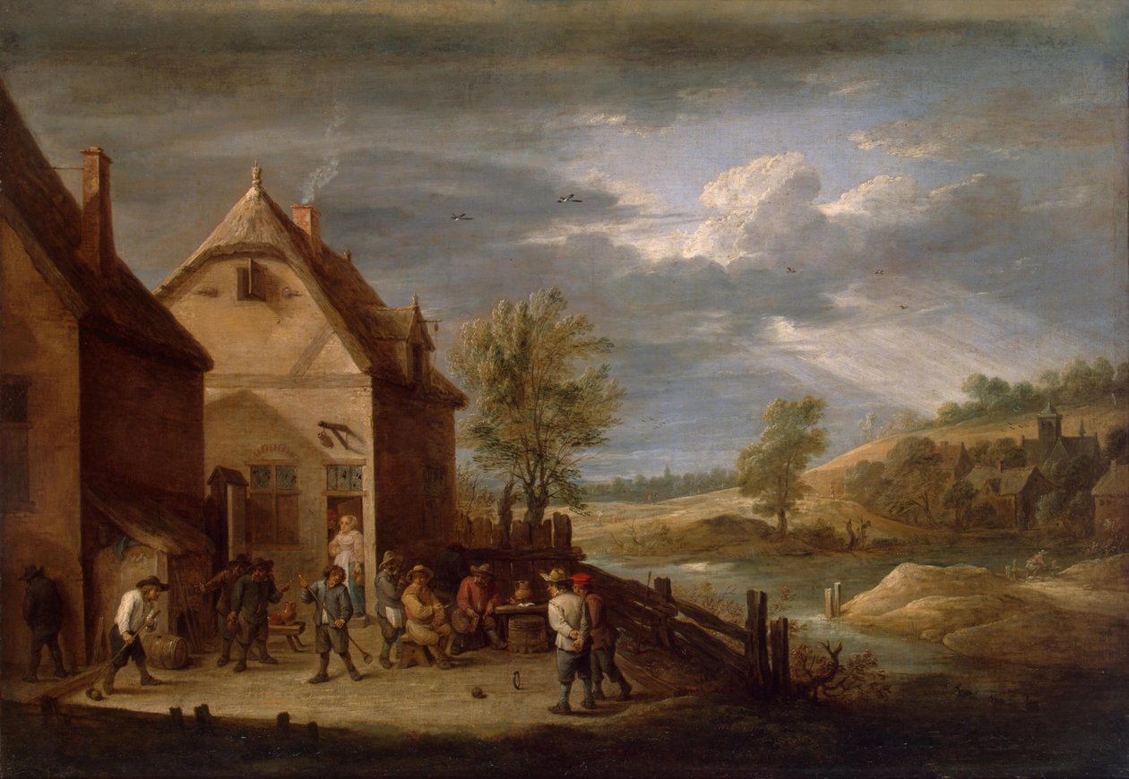 Landskap med bønder Bowling av David Teniers the Younger