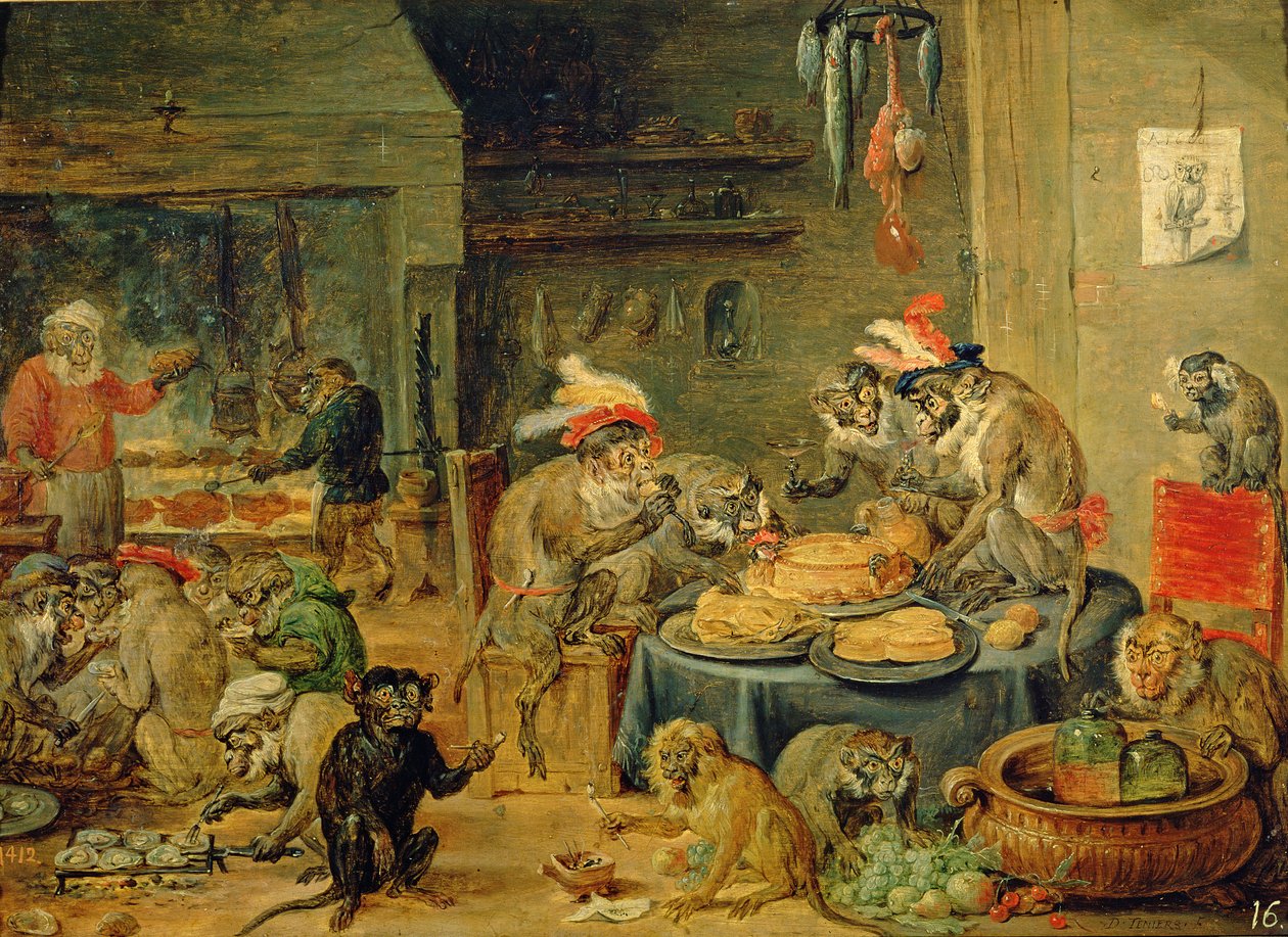 Apebankett, 1810 (olje på tre) av David Teniers the Younger