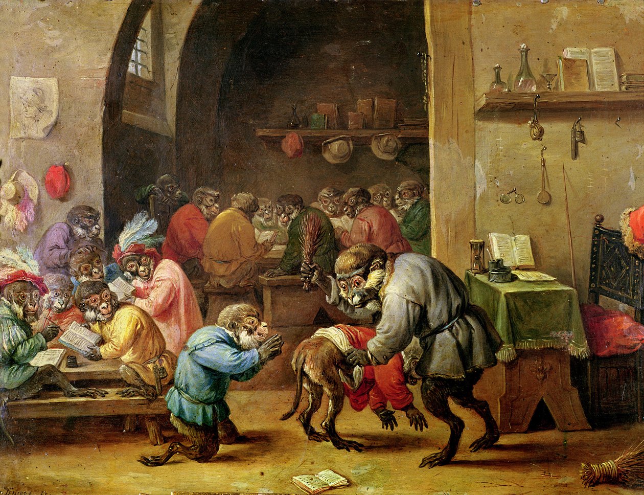 The Monkeys at School (olje på kobber) av David Teniers the Younger