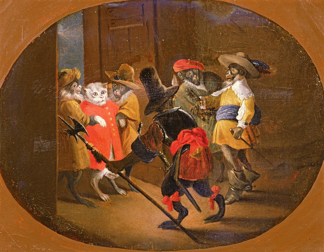 Aper forkledd som soldater og brakte dem til en katteoffiser av David Teniers the Younger