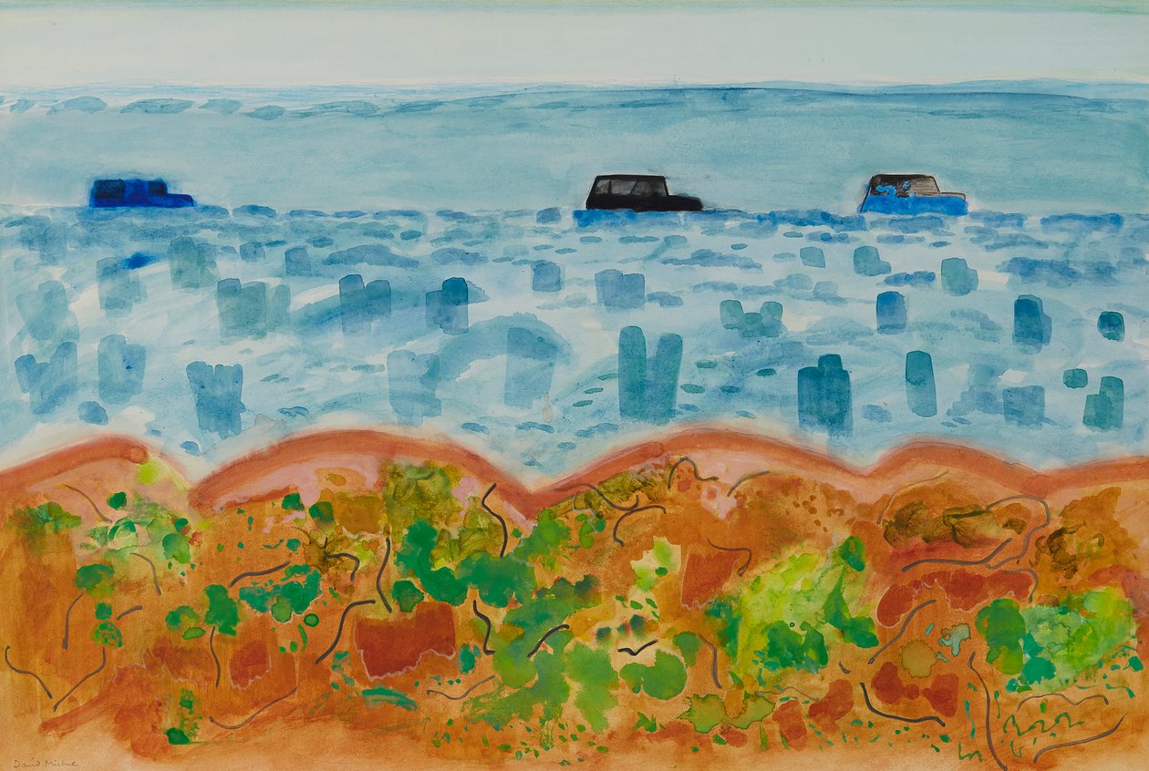 Cars and Saltbush, Australia (akvarell) av David Alan Redpath Michie
