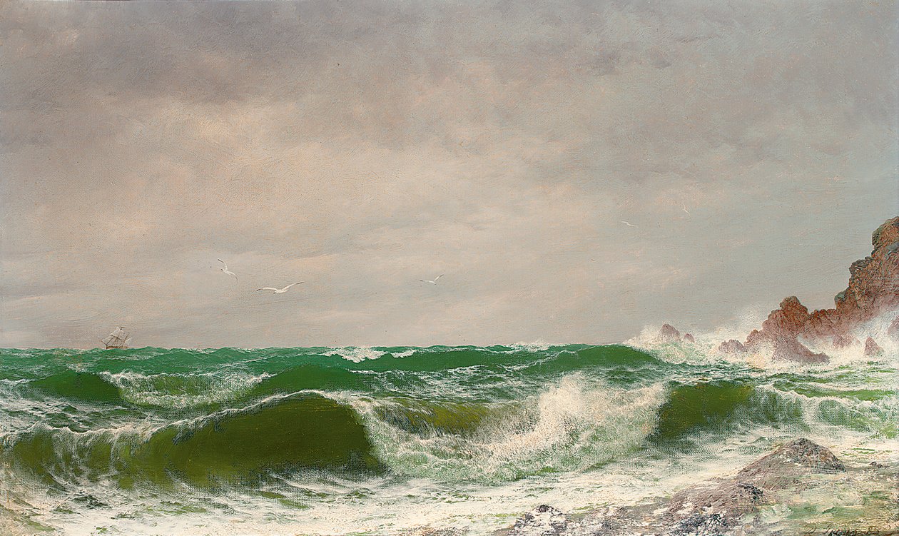Bølger slår mot en steinete kyst, 1885 av David James