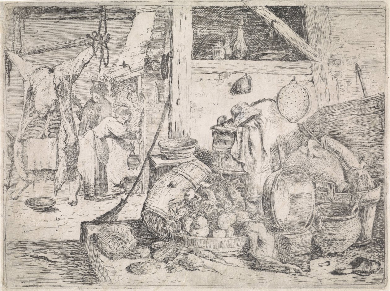kjøkken interiør av David Teniers (II) (attributed to)