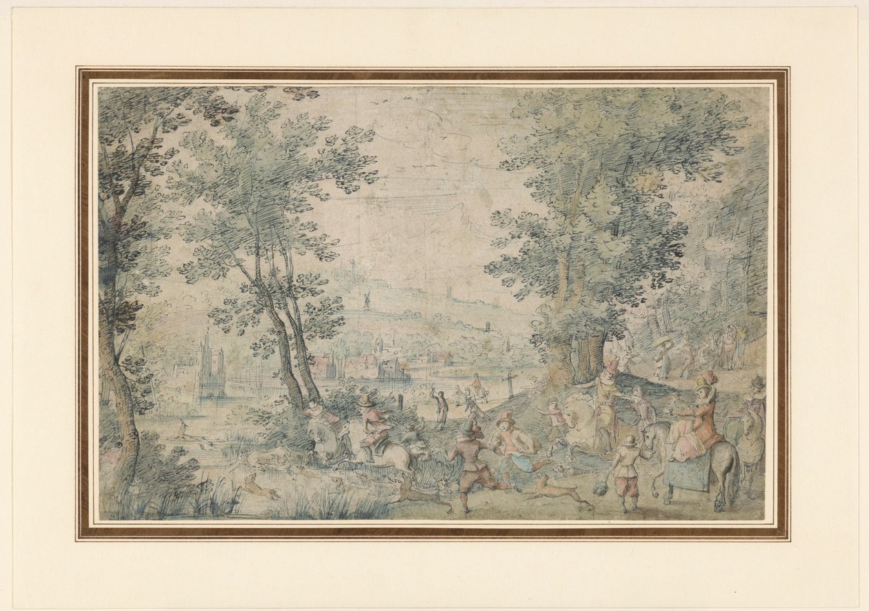 Landskap nær Brussel med rådyrjakt av Denis van Alsloot (possibly)