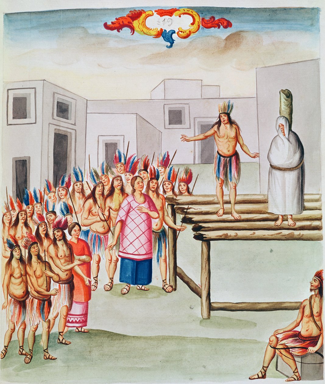 Tome 4 fol.19, Utsikt over Plaza de Thalco med en indianer bundet til en stake, fra 