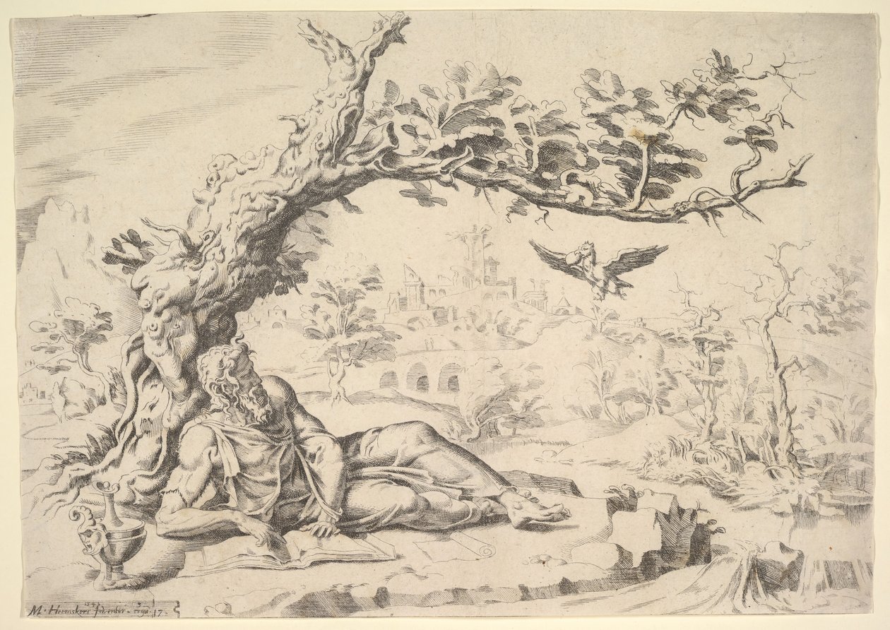 Elijah matet av ravner, 1549. av Dirck Volkertsen Coornhert