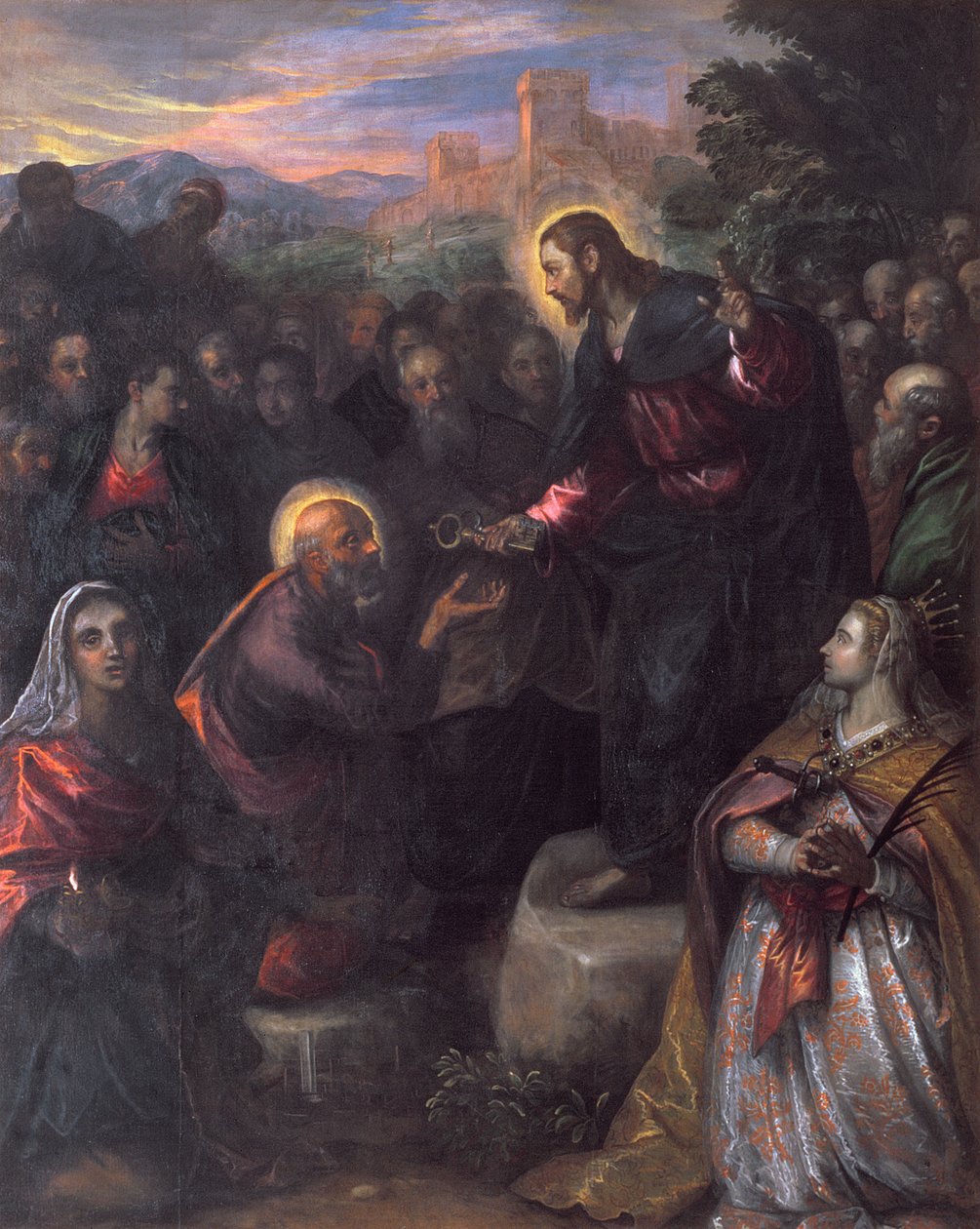 Kristus leverer nøklene til St. Peter med St. Jacinta og St. Justina av Padua av Domenico Robusti Tintoretto