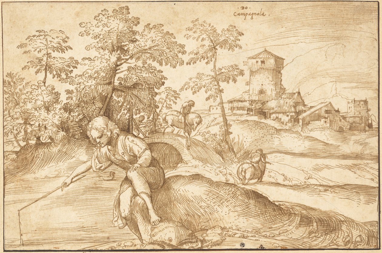 Landskap med en gutt som fisker av Domenico Campagnola