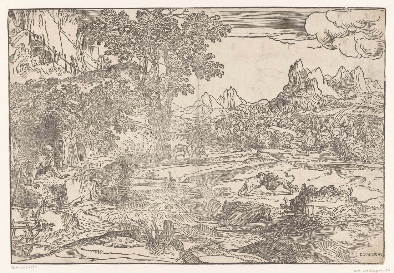 Landskap med Hieronymus og to løver av Domenico Campagnola