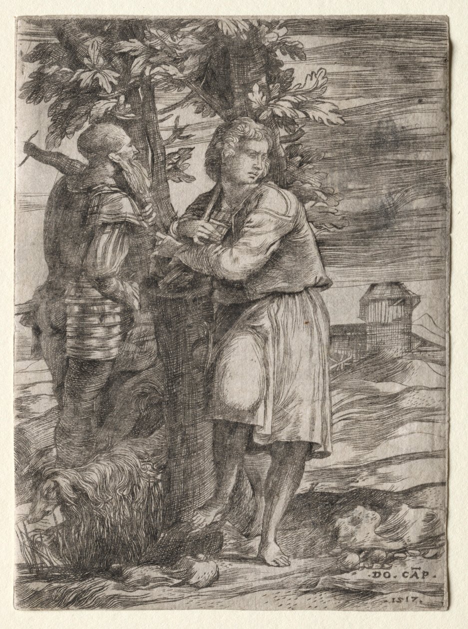 Shepherd and Old Warrior, 1517. av Domenico Campagnola