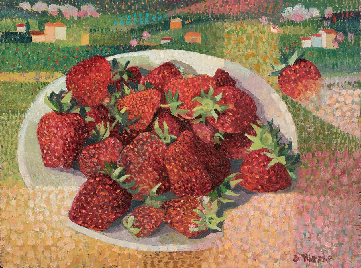 Jordbær, ca. 1985 (olje om bord) av Donatella Merlo