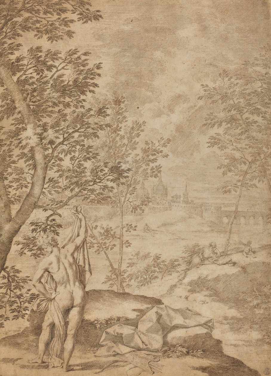 Apollo står i et elvelandskap av Donato Creti