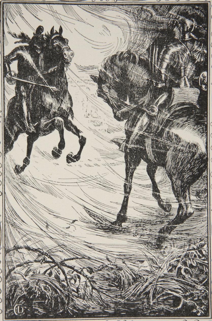 Sår var konkurransen, illustrasjon fra 'Stories of King Arthur and the Round Table' av Beatrice Clay, 1. utgave, 1905 av Dora Curtis