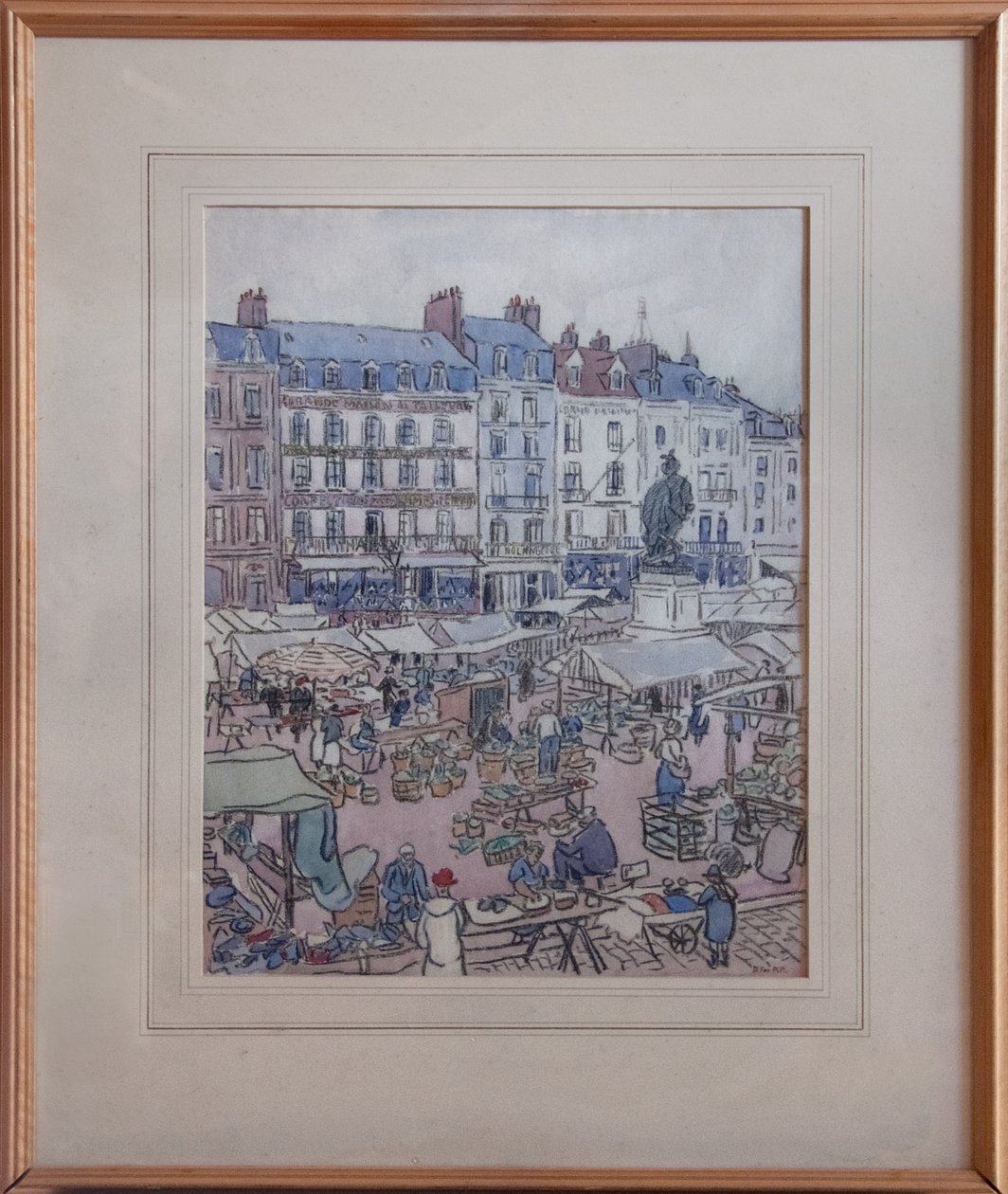 Markedsdag i Dieppe, ca. 1910 (svart fargestift og wc på papir) av Douglas Fox Pitt