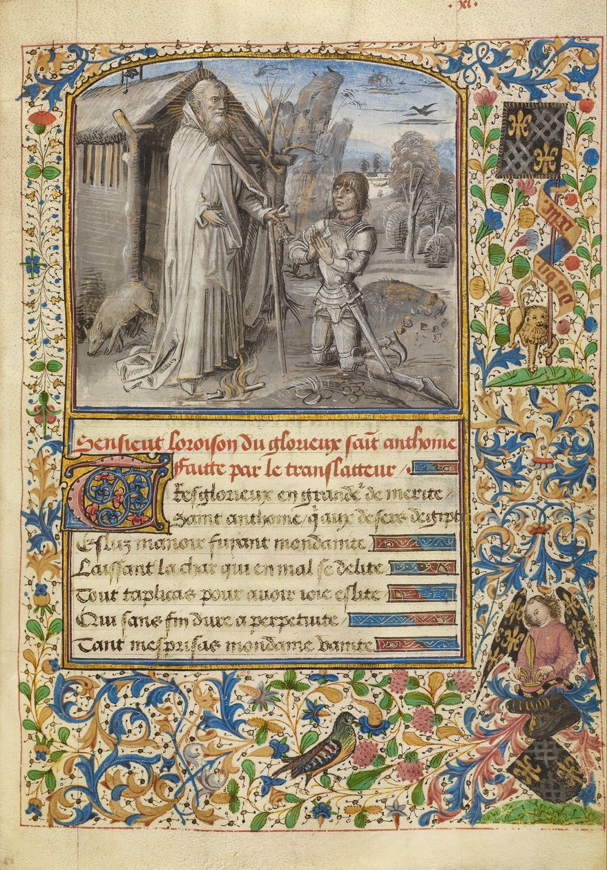 En ung ridder i rustning som kneler i bønn før Saint Anthony av Dreux Jean