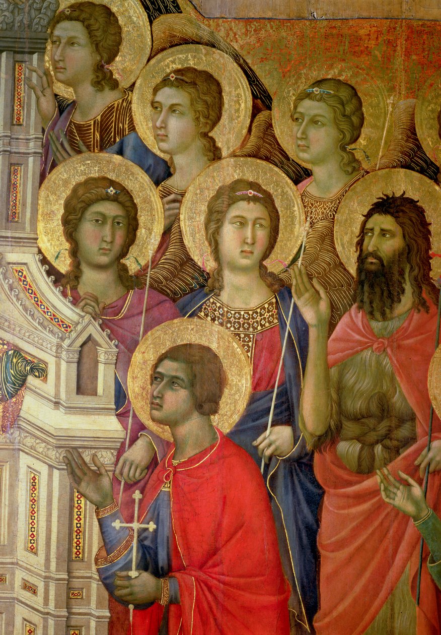Maesta: Detalj av hellige, inkludert døperen Johannes, 1308-11 av Duccio di Buoninsegna