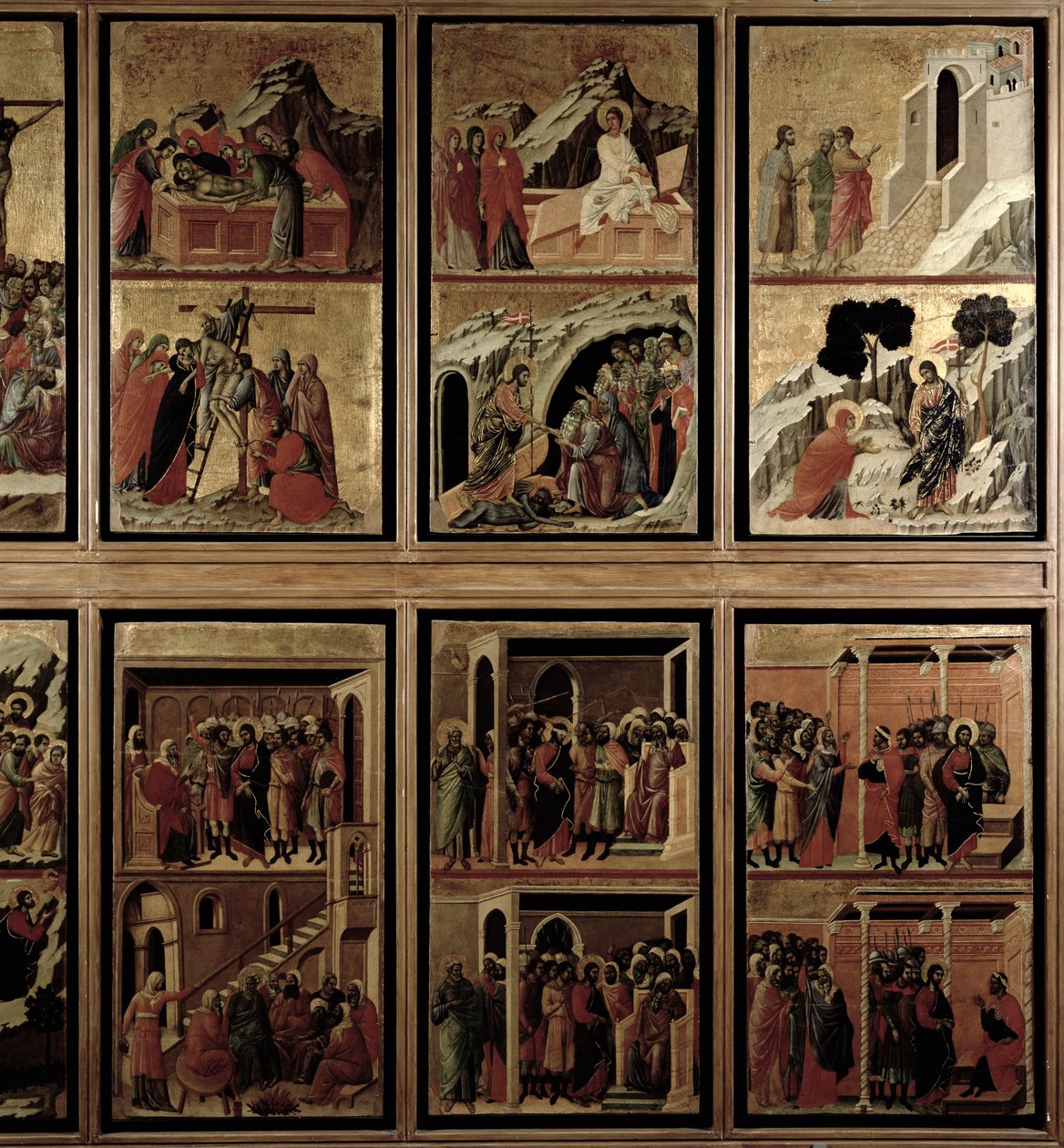 Maesta: elleve scener fra lidenskapen, 1308-11 (tempera på panel) (revers av 55438) av Duccio di Buoninsegna