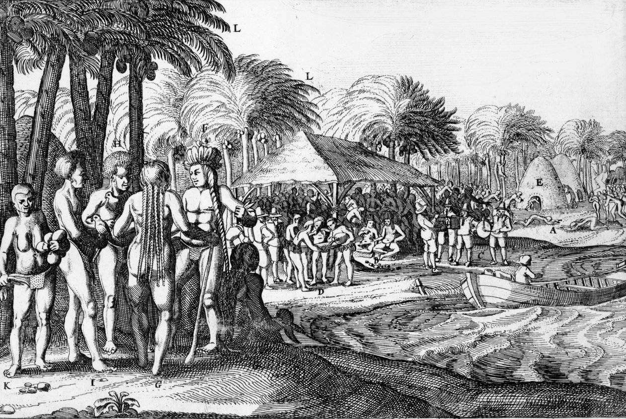 Dutch traders entertain local Polynesians av Dutch School