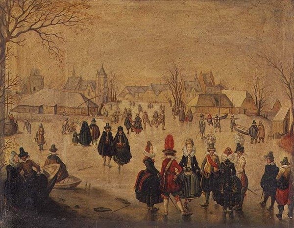 Vinterlandskap: Stilige skatere på en innsjø av Dutch School