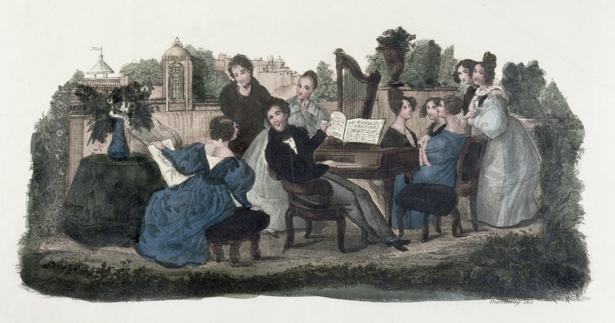 Musikalsk sammenkomst i en hage, ca. 1830 av Duvelleroy