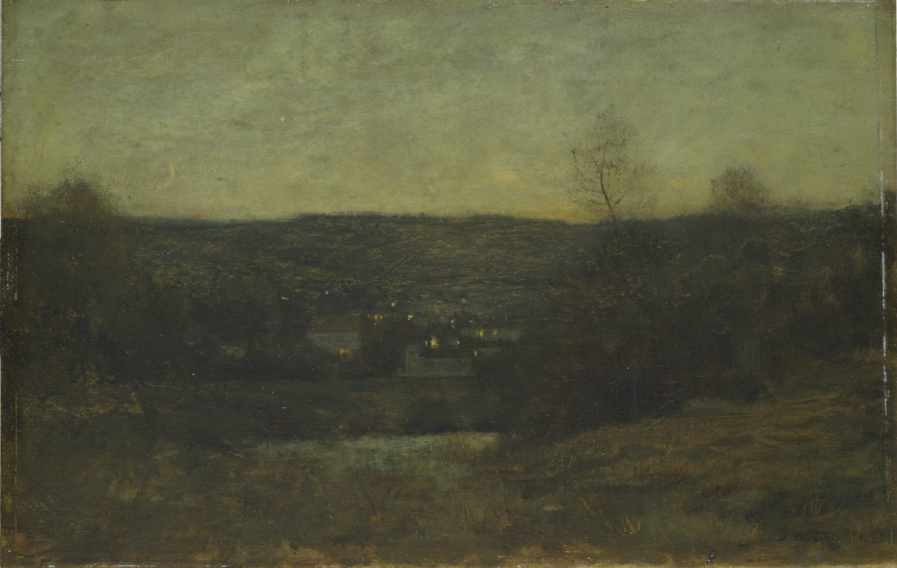 A Lighted Village, ca. 1887 (olje på trepanel) av Dwight William Tryon