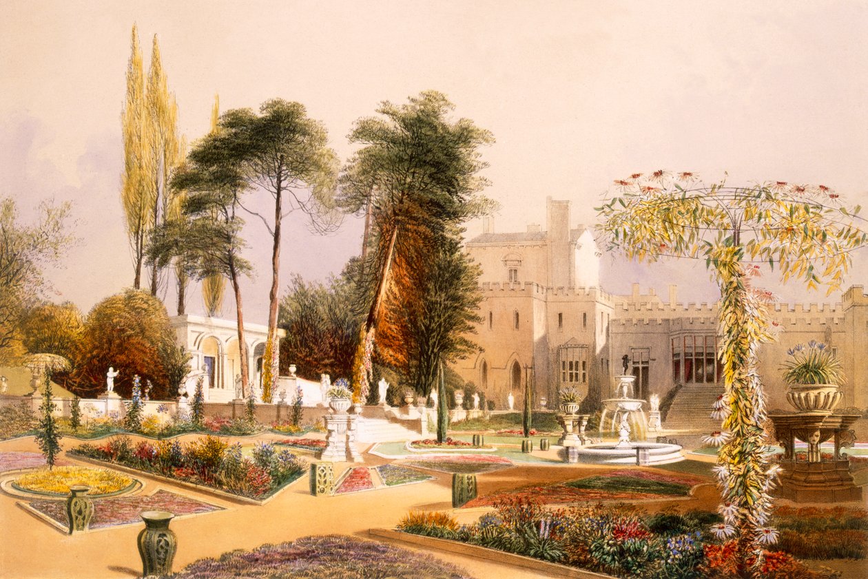 The Parterre in the Gardens at Wilton, setet til jarlen av Pembroke (chromolitho) av E. Adveno Brooke