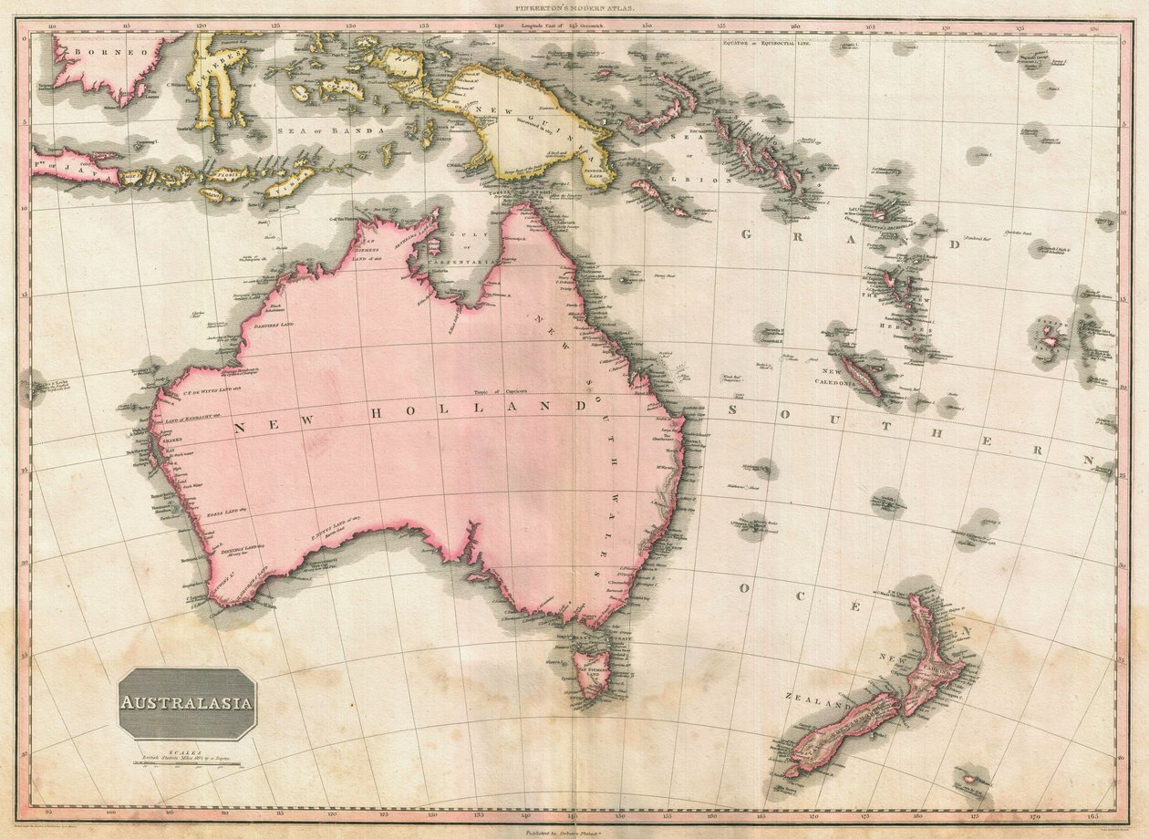 John Pinkertons kart over Australia og det sørvestlige Stillehavet, 1818 (fargegravering) av E. J. Pinkerton