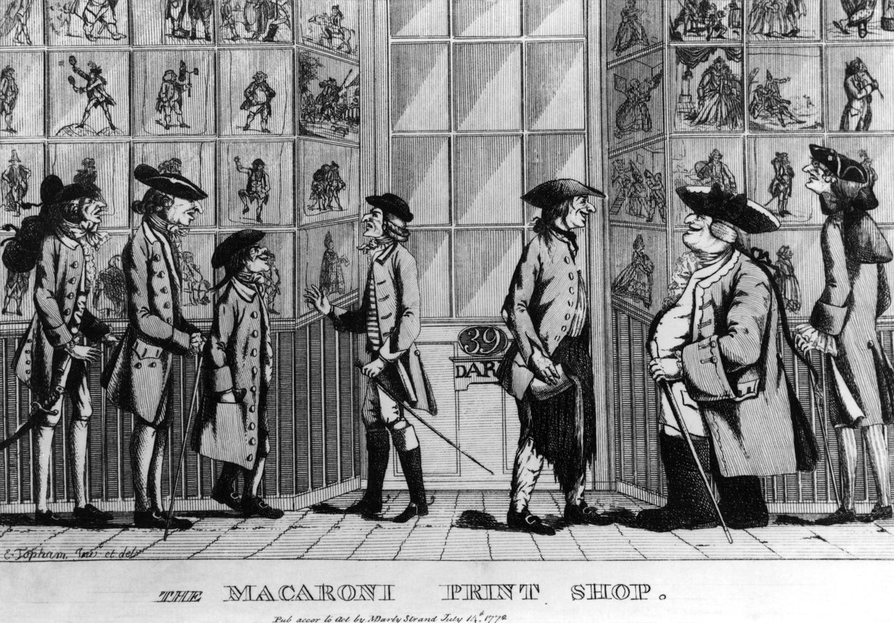The Macaroni Print Shop, pub. av N. Darley, 1772 av E Jopham