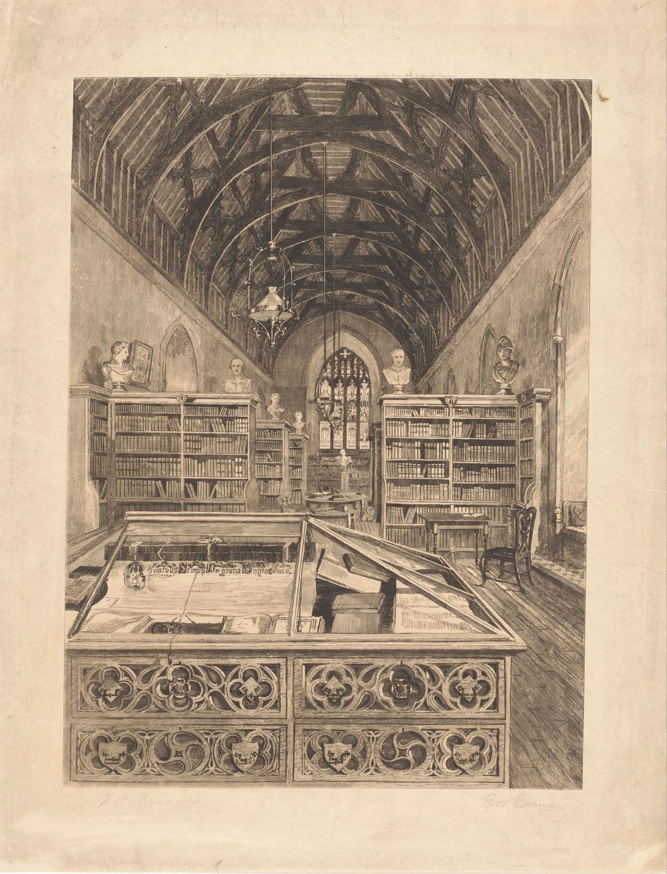 Interiøret i et bibliotek av E.W. Evans (signed by artist)