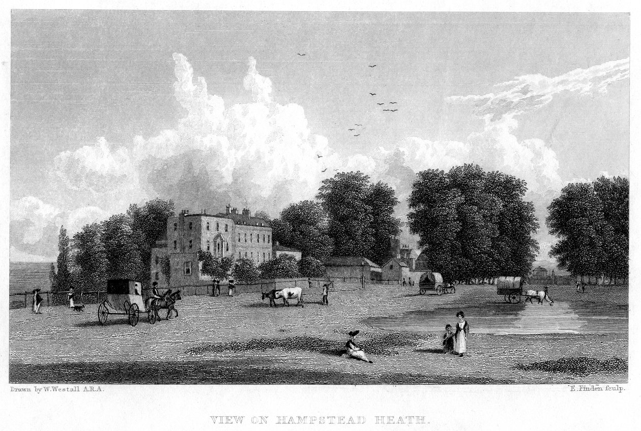 Utsikt over Hampstead Heath, London, 1800-tallet. av E. Finden