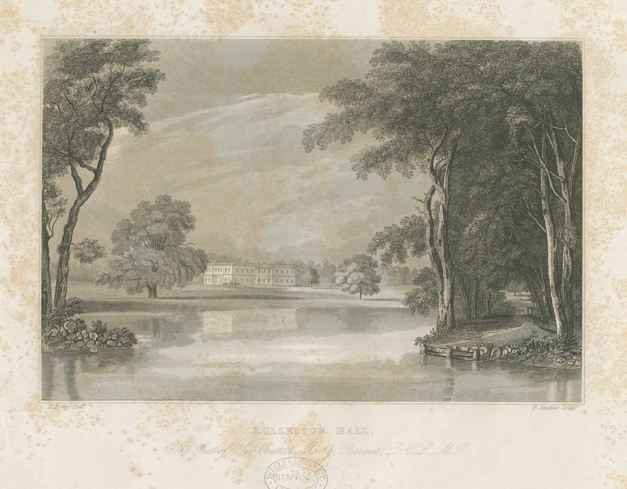 Rolleston Hall: linjegravering, nd [c 1840] av E Stalker
