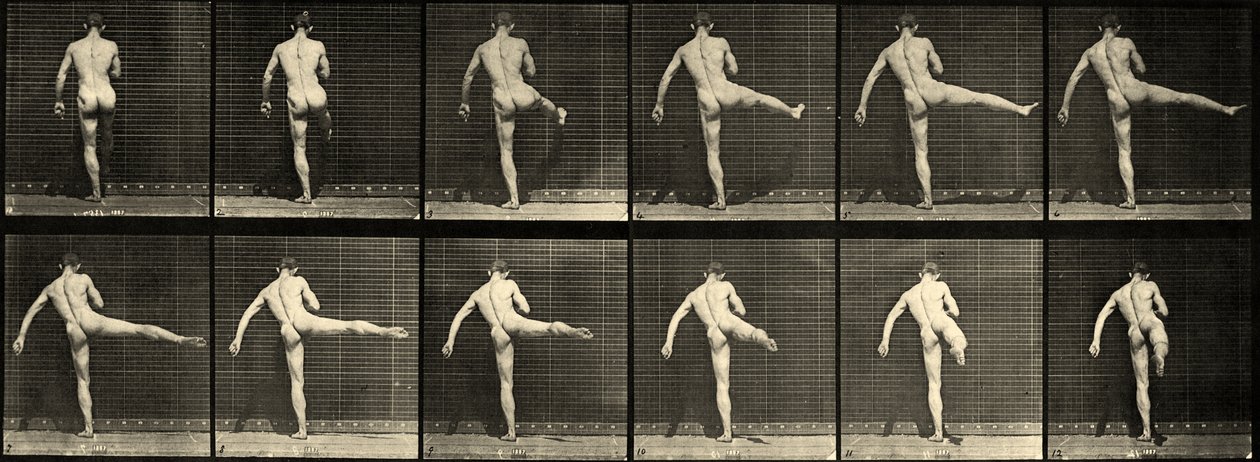 Naken mannlig ballettdanser, First Ballet action, løfting av høyre ben (Plate 369) ca. 1887 av Eadweard Muybridge